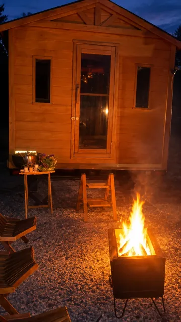 The fire pit lit in front of the sauna at dusk