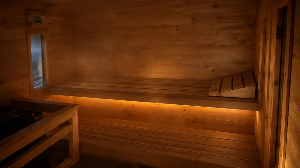 Cedar benches inside the sauna in low light, warm light along the floor under the bench