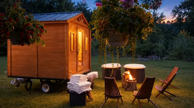 Lounge chairs, a fire pit and towels set up beside the sauna on a lawn