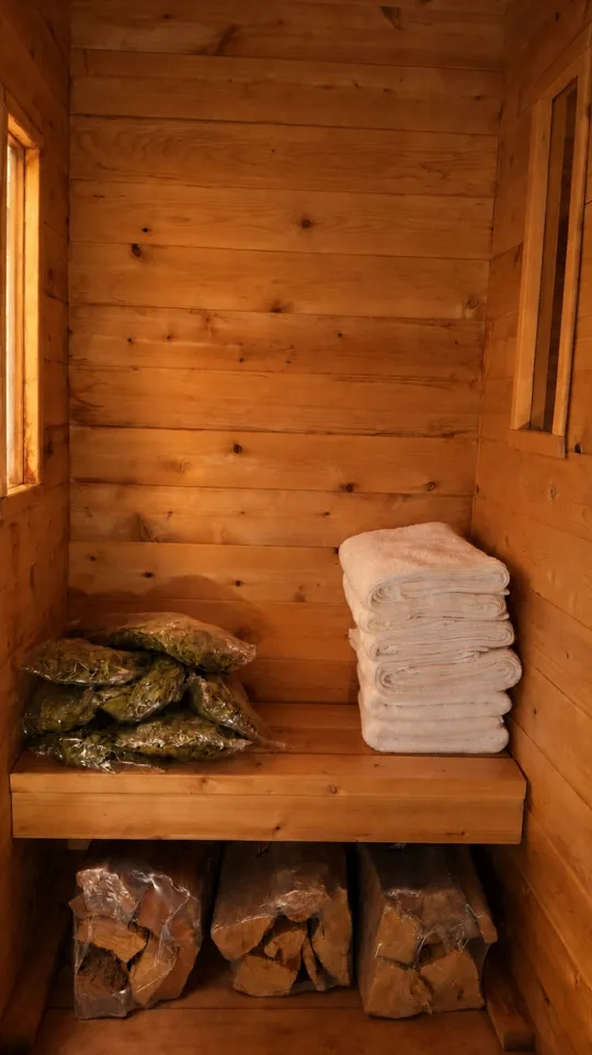 The changing room shelf stocked with towels, whisks and firewood